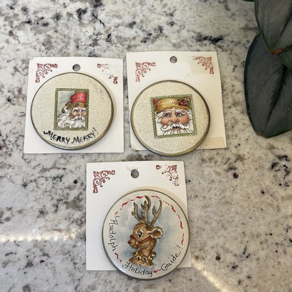 Jewelry - 3 Christmas Brooch Lapel Pin Santa Claus Rudolph Hand Painted 2 Artist Signed